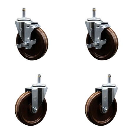 Service Caster 5 High Temp Phenolic Wheel Swivel 7/16'' Grip Ring Stem Caster Set 2 Brakes, 4PK SCC-GR20S514-PHSHT-716138-2-TLB-2